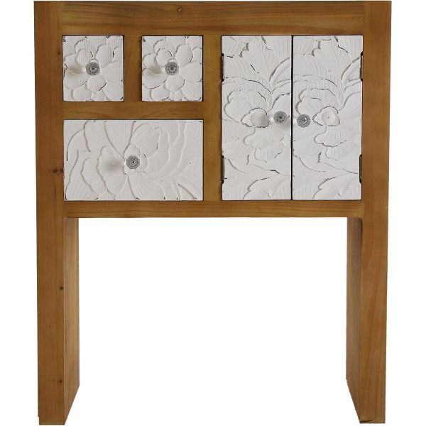 Console bois 3 tiroirs 1 placard blanc motif fleur Agnette - VER-0448