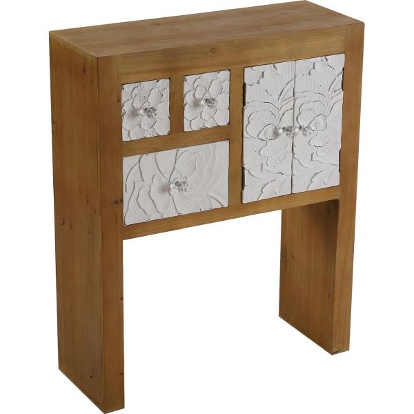 Console bois 3 tiroirs 1 placard blanc motif fleur Agnette