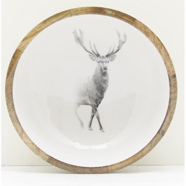 Corbeille ronde en manguier avec résine blanche décor Cerf - AUB-6191