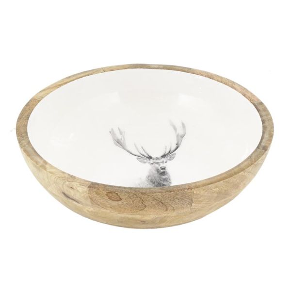 Corbeille ronde en manguier avec résine blanche décor Cerf