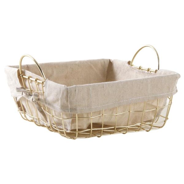 Corbeille carrée en métal doré avec anses et doublure en jute
