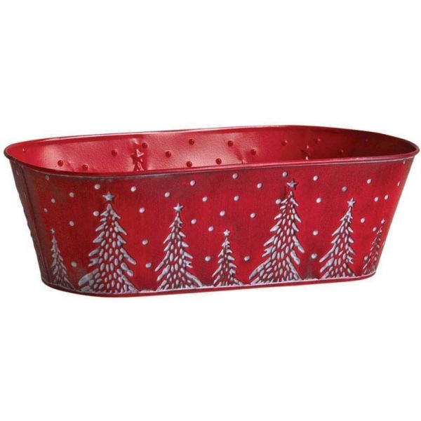 Corbeille en métal rouge sapins de Noël 35 cm