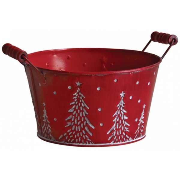 Corbeille ronde en métal rouge motif sapins et neige