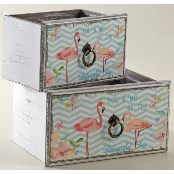 Corbeille tiroir en bois flamants roses (Lot de 2) - AUB-3657