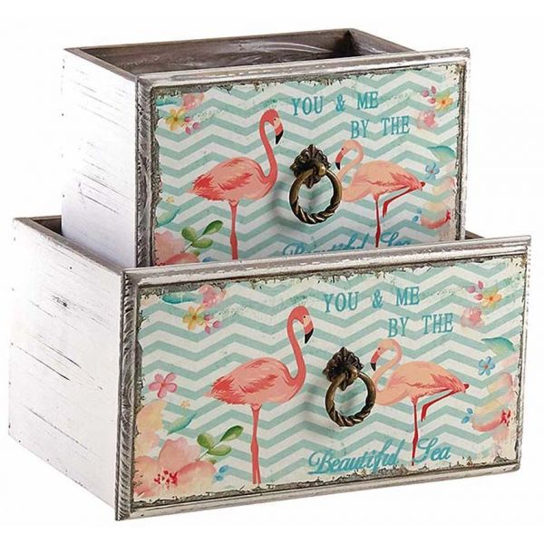 Corbeille tiroir en bois flamants roses (Lot de 2)