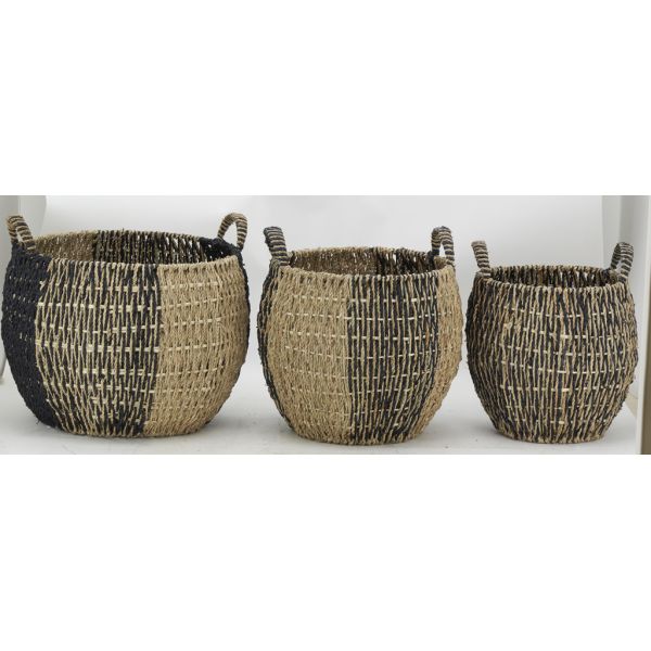 Corbeilles boules en jonc naturel et noir (lot de 3) - 79,90