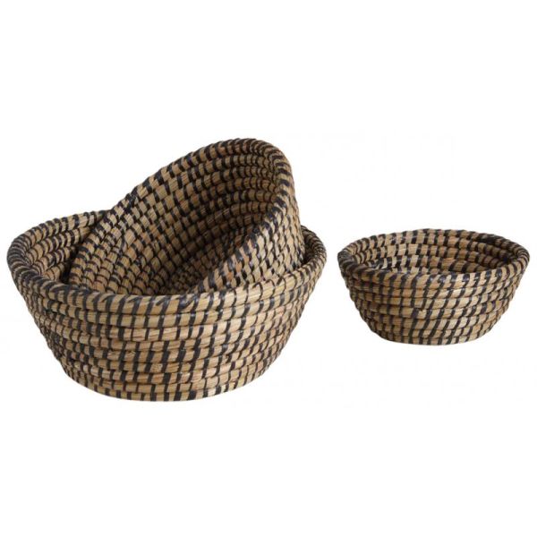 Corbeilles rondes en jonc naturelles et noires (lot de 3)