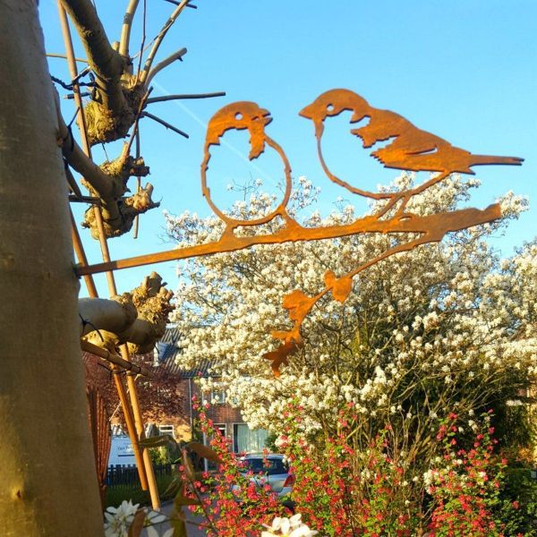 Oiseaux sur pique couple de moineaux en acier corten - METALBIRD