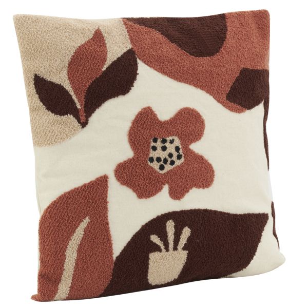 Coussin en coton brodé motifs floraux camaieu Terracotta