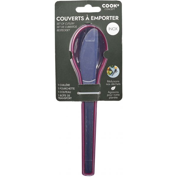 Couverts à emporter tout en un acier inoxydable (etui bordeaux)