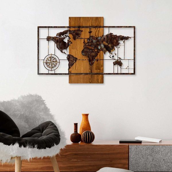 Décoration murale en bois et métal Mappemonde - 6