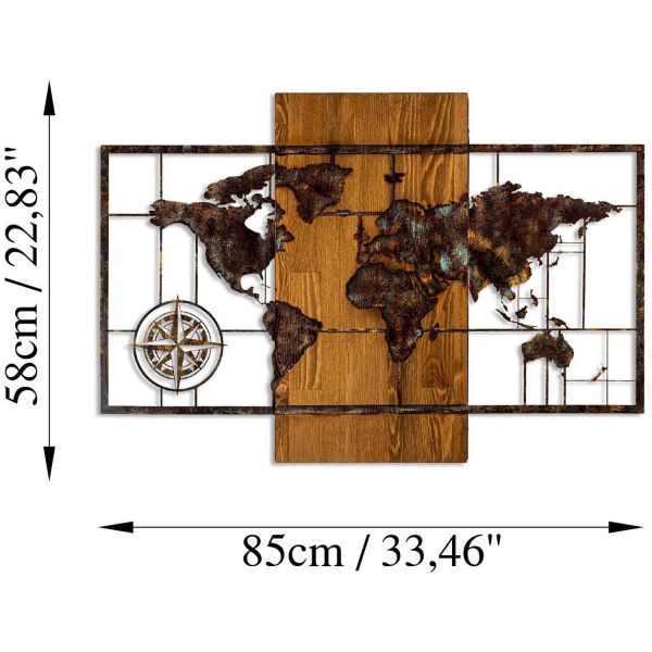 Décoration murale en bois et métal Mappemonde - ASI-1700