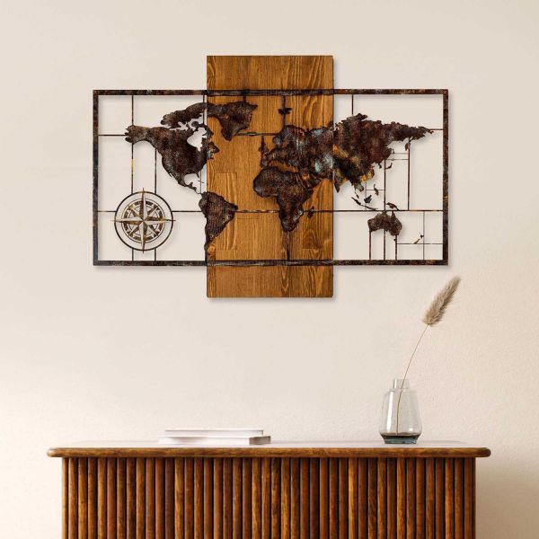 Décoration murale en bois et métal Mappemonde - HANAH HOME