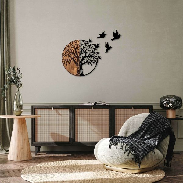 Décoration murale en bois et métal walnut (arbre et oiseaux en vol)