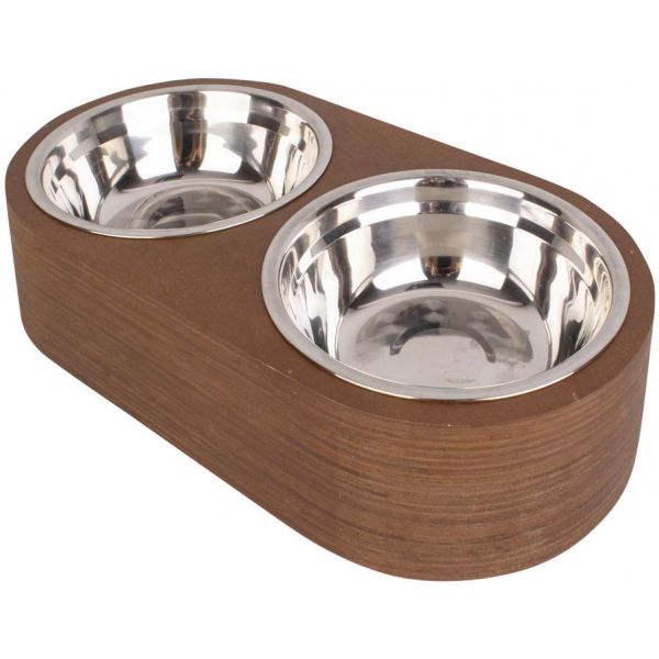 Double gamelle chien et chat bois foncé