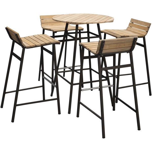 Ensemble de jardin table haute et 4 tabourets en alu et acacia Mexico