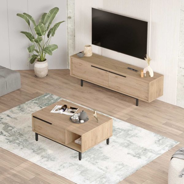 Ensemble meuble TV et table basse en aggloméré et métal Tilly