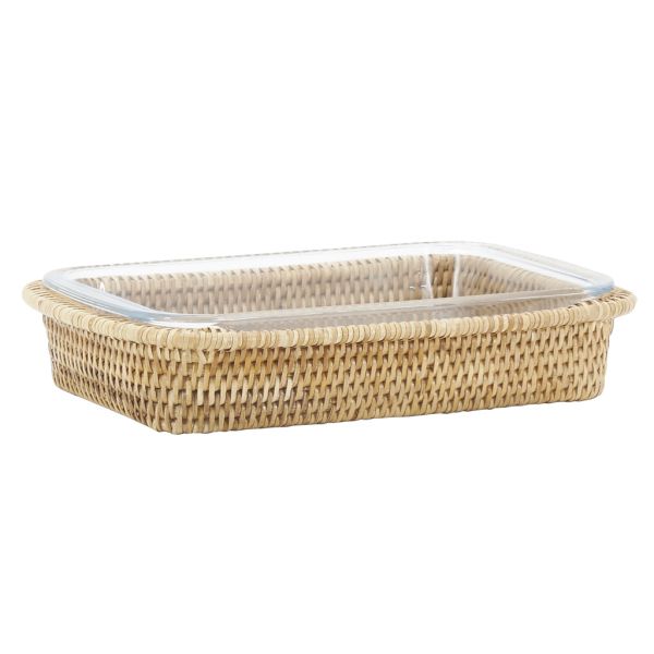 Ensemble plat à gratin et support en rotin