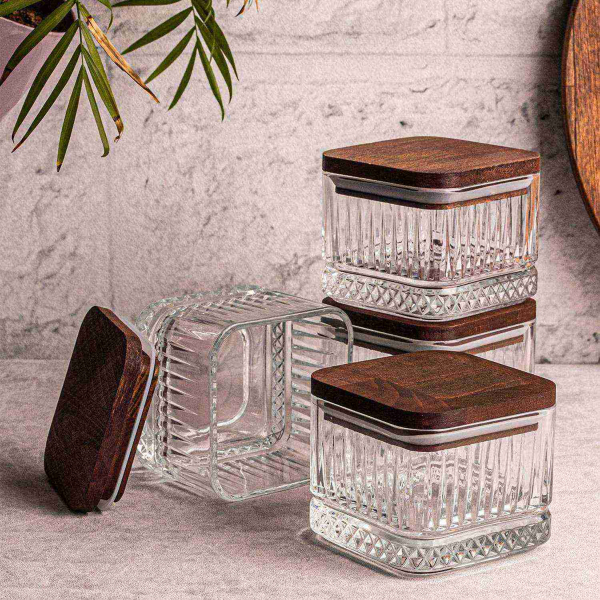 Ensemble pots en verre avec couvercle bois - ASI-2455