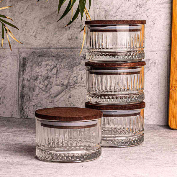 Ensemble pots en verre avec couvercle bois - ASI-2454