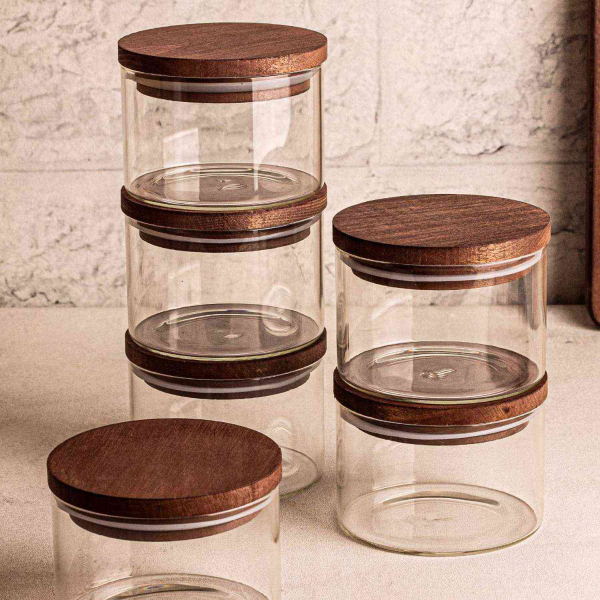 Ensemble pots en verre avec couvercle bois - HANAH HOME