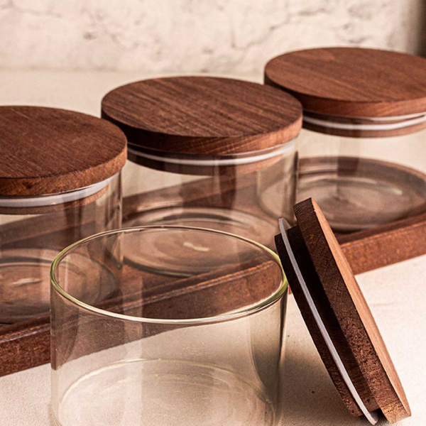 Ensemble pots en verre avec couvercle et plateau bois - ASI-2458