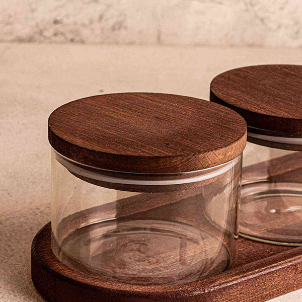 Ensemble pots en verre avec couvercle et plateau bois - 44,90
