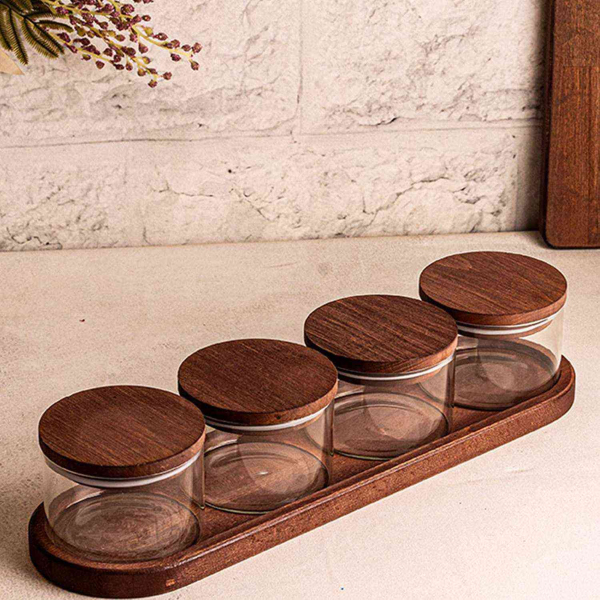 Ensemble pots en verre avec couvercle et plateau bois - 5