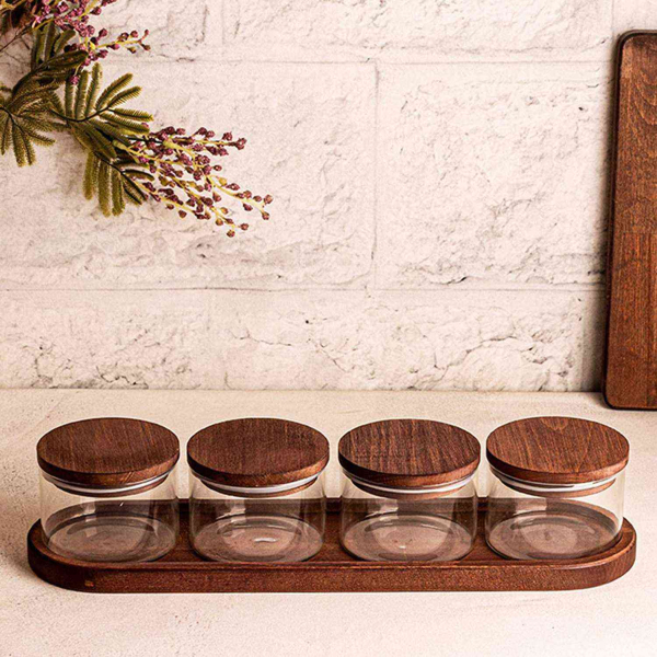 Ensemble pots en verre avec couvercle et plateau bois - 6