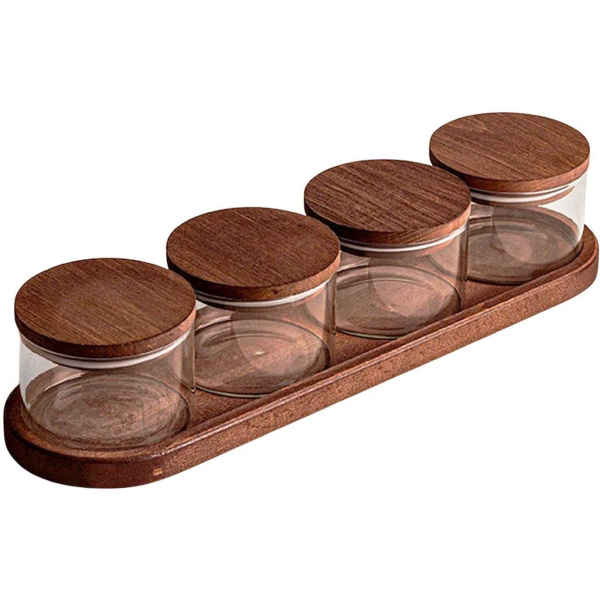 Ensemble pots en verre avec couvercle et plateau bois