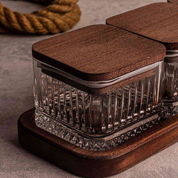 Ensemble pots en verre avec couvercle et plateau bois - 7