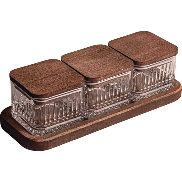 Ensemble pots en verre avec couvercle et plateau bois