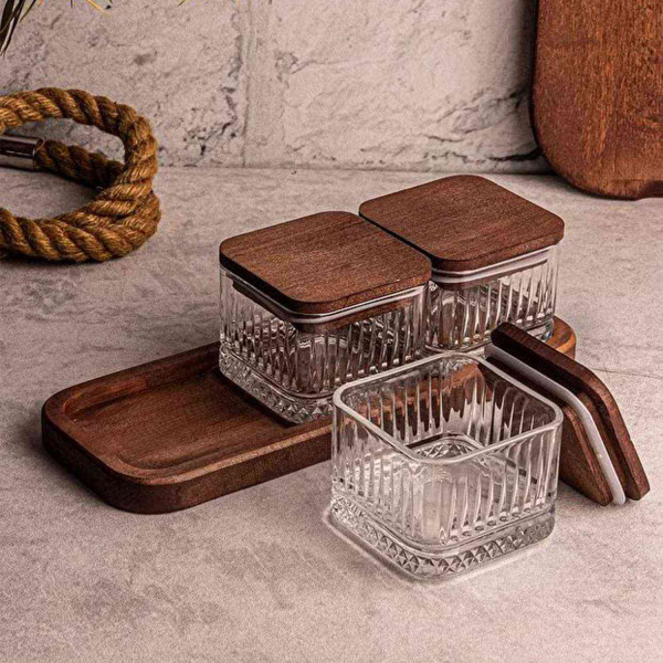 Ensemble pots en verre avec couvercle et plateau bois - HANAH HOME