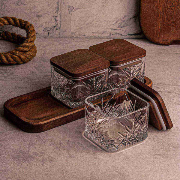 Ensemble pots en verre avec couvercle et plateau bois - HANAH HOME