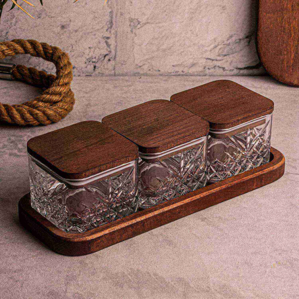 Ensemble pots en verre avec couvercle et plateau bois - ASI-2463