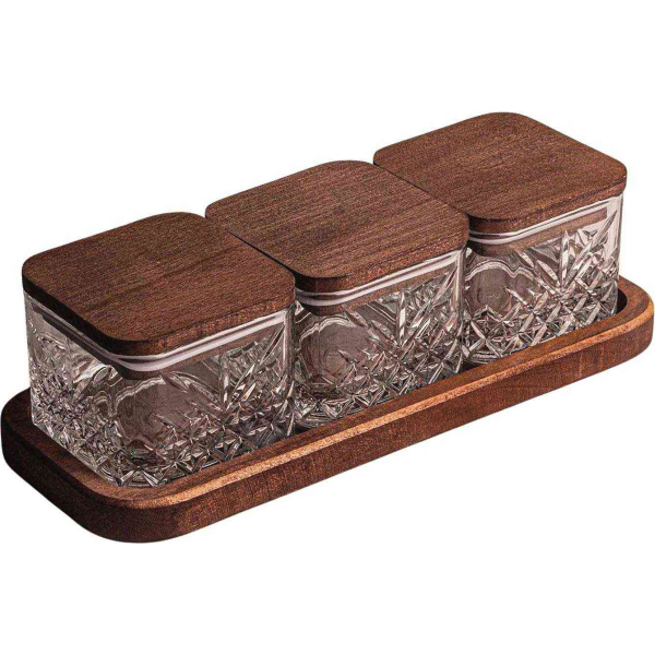 Ensemble pots en verre avec couvercle et plateau bois