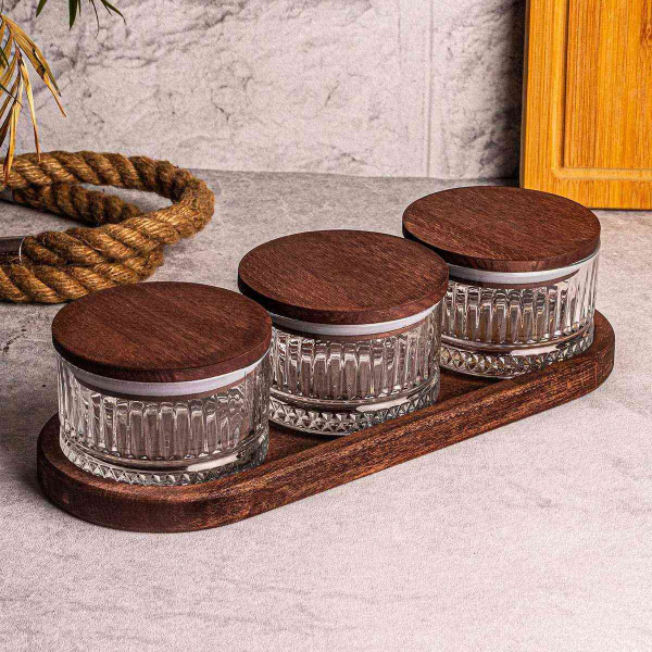 Ensemble pots en verre avec couvercle et plateau bois - ASI-2460