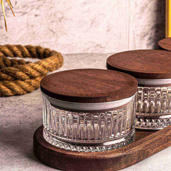 Ensemble pots en verre avec couvercle et plateau bois - 44,90