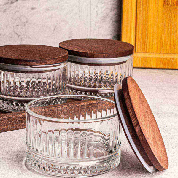 Ensemble pots en verre avec couvercle et plateau bois - 5