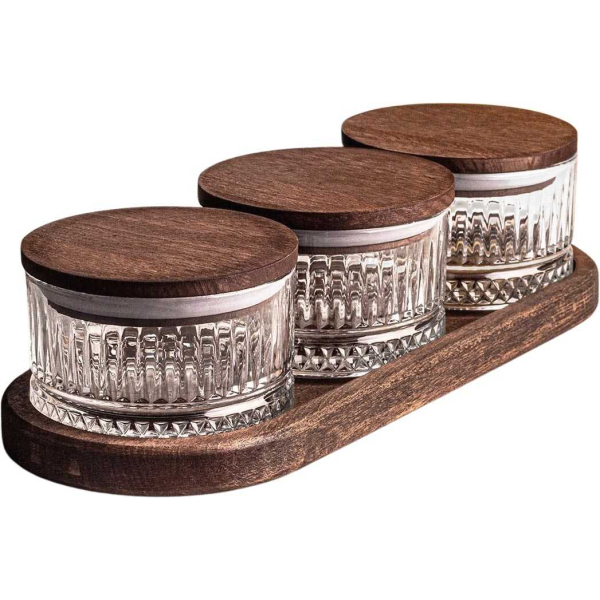 Ensemble pots en verre avec couvercle et plateau bois