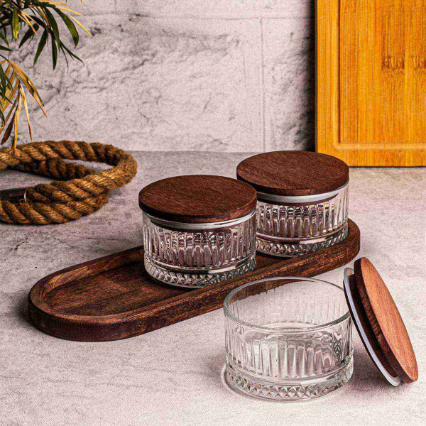 Ensemble pots en verre avec couvercle et plateau bois - HANAH HOME