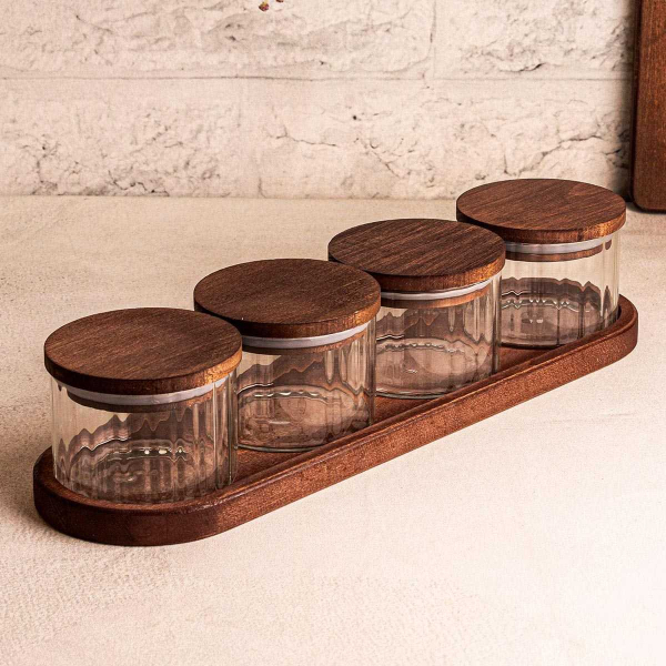Ensemble pots en verre avec couvercle et plateau bois - ASI-2459