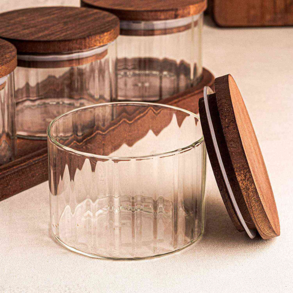 Ensemble pots en verre avec couvercle et plateau bois - 5
