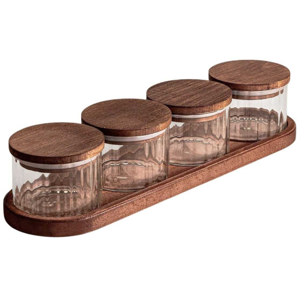 Ensemble pots en verre avec couvercle et plateau bois