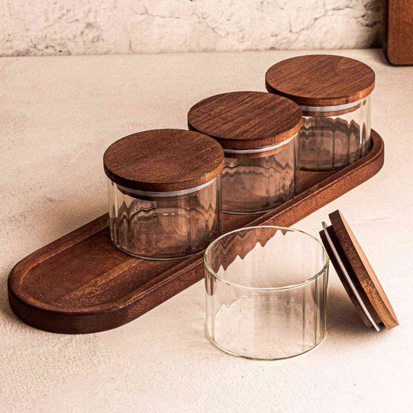 Ensemble pots en verre avec couvercle et plateau bois - HANAH HOME