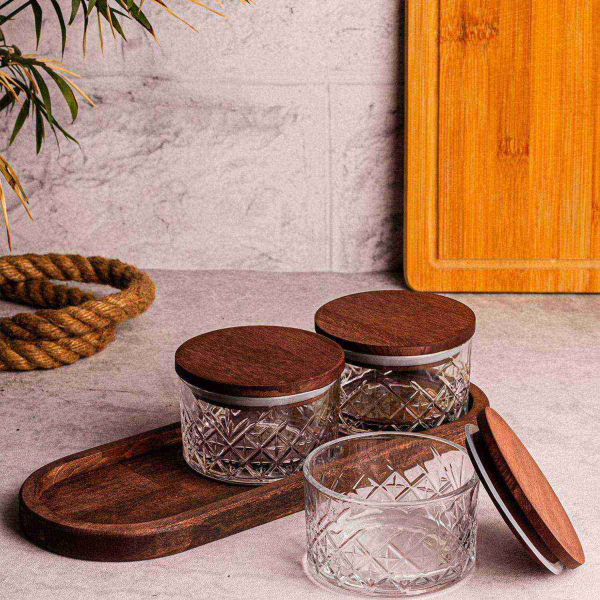 Ensemble pots en verre avec couvercle et plateau bois - HANAH HOME