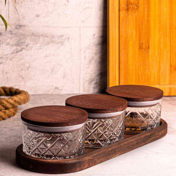 Ensemble pots en verre avec couvercle et plateau bois - ASI-2462
