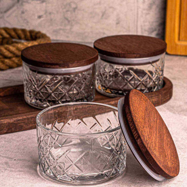 Ensemble pots en verre avec couvercle et plateau bois - 44,90