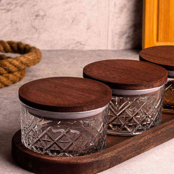 Ensemble pots en verre avec couvercle et plateau bois - 5