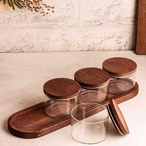 Ensemble pots en verre avec couvercle et plateau bois - HANAH HOME